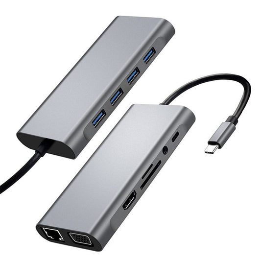 Travel USB Multi-Function Laptop Docking Station - 11 in 1 Multiport Adapter Hub - RJ45 100Mbps Ethernet, VGA Port, 4K HDMI, TF & SD Card Reader, USB-C & 3.5mm Audio Port