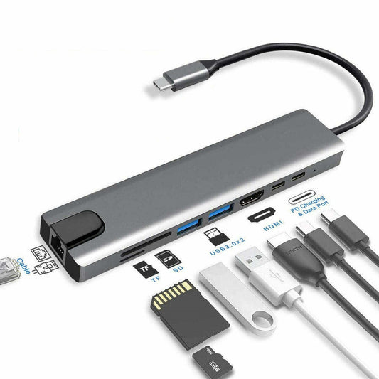 Travel USB 3.0 Connectivity Hub 8 Function Device USB-C Adapter with HD - RJ45 Gigabit Ethernet - USB 3.0 Hub - Card Reader & PD Charging
