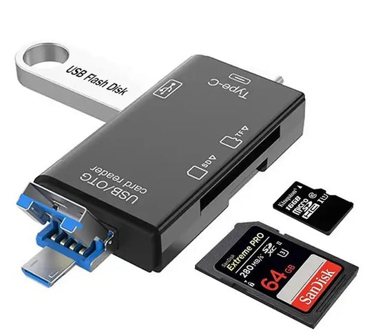 Travel USB Memory Card Reader for Mini & Regular SD Cards - 6 in 1 Laptop Plug Universal Compact OTG Adapter